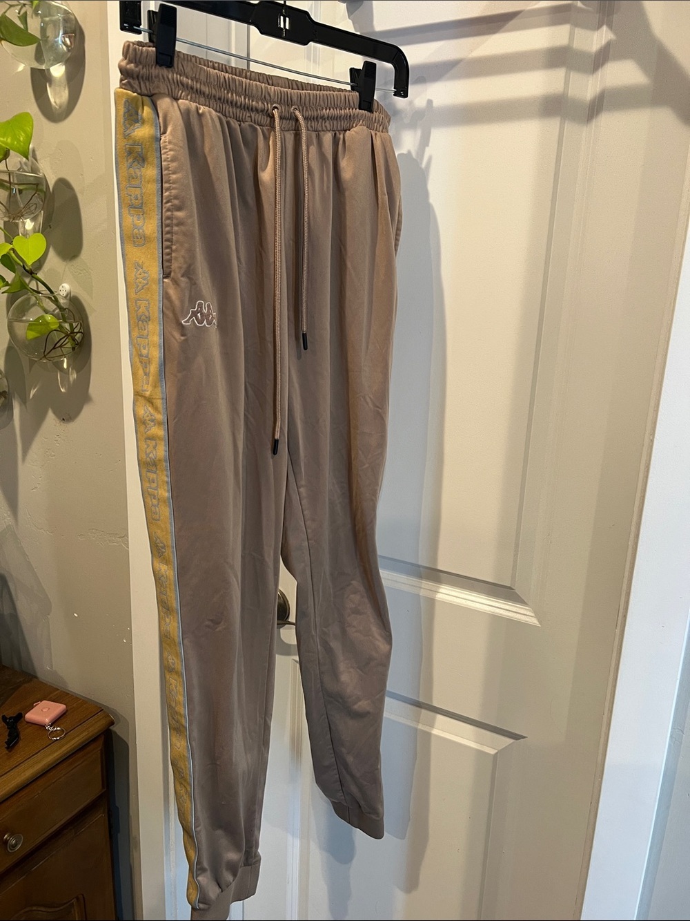 Kappa Beige Sweatpants with Yellow Side Stripe